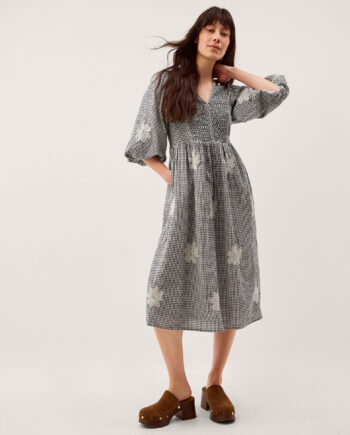 Mimi Puff Sleeve Gingham Midi Dress Black