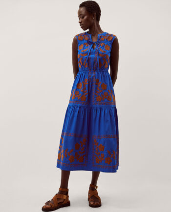 Madison Sleeveless Embroidered Midi Dress Blue
