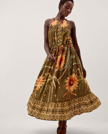 Fallon Sleeveless Tropical Print Midi Dress Green