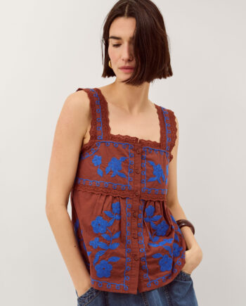 Madison Embroidered Broderie Lace Top Brown