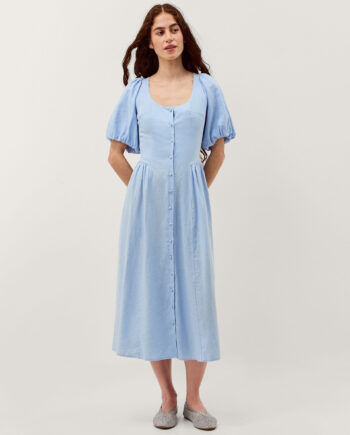 Lottie Puff Sleeve Linen Blend Midi Dress Blue