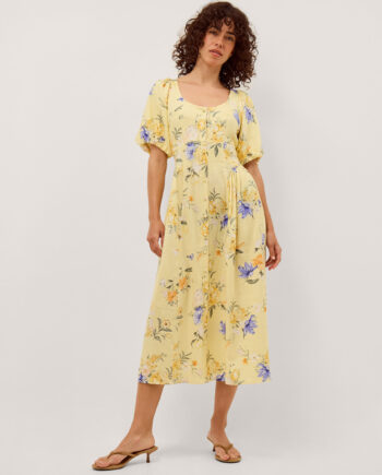 Etta Floral Linen Blend Midi Dress Yellow