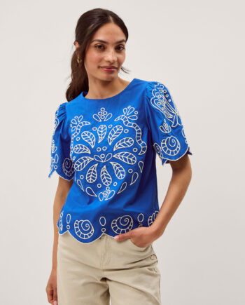 Keira Short Sleeve Embroidered Top Blue