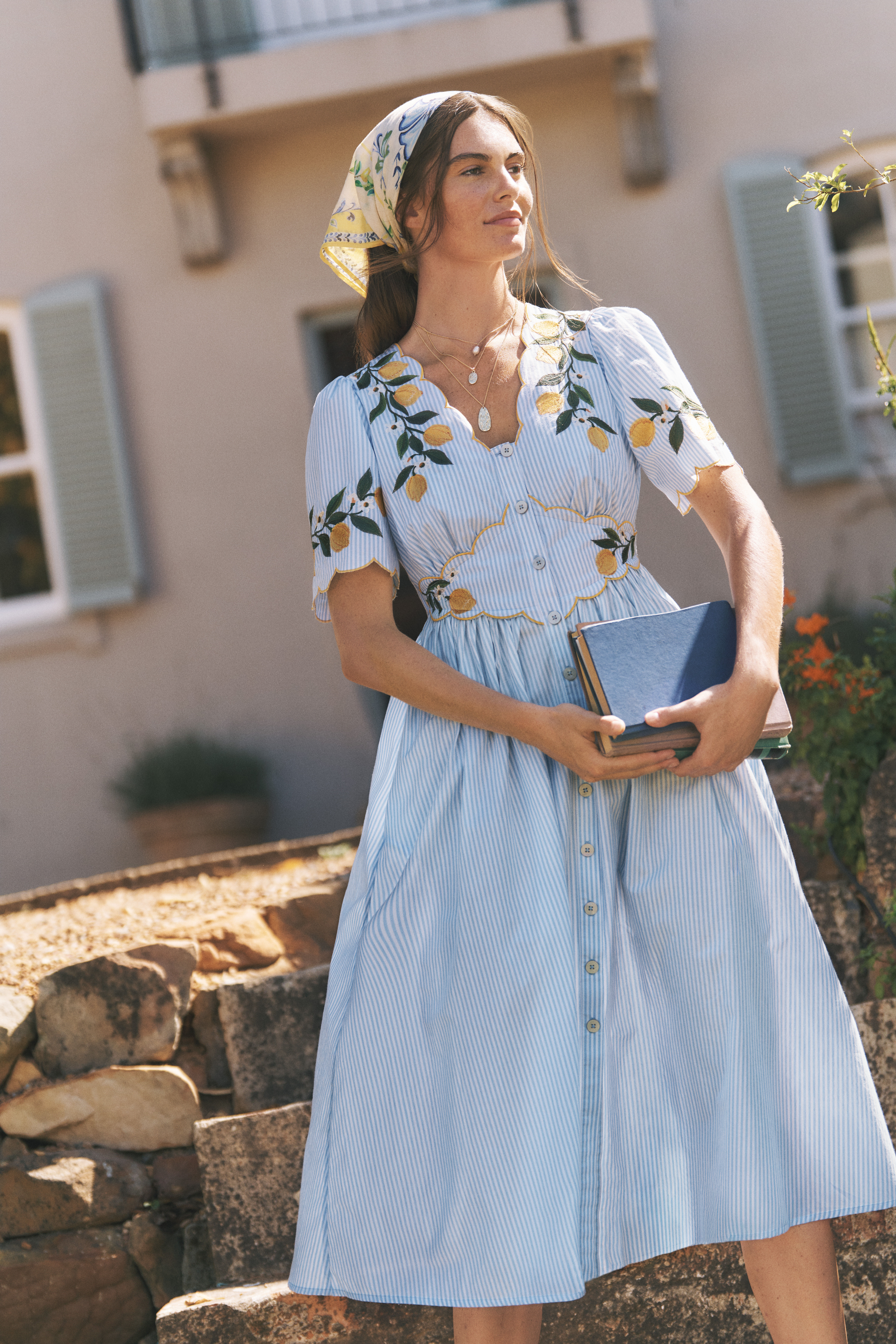 Marisol Lemon Embroidered Stripe Midi Dress Blue
