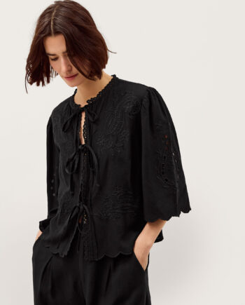Cindy Embroidered Tie Front Top Black