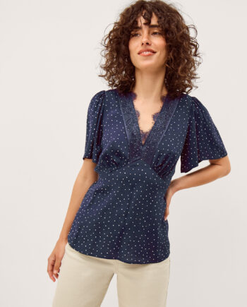 Cleo Lace Polka Dot Top Blue