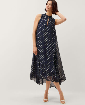 Yaz Sleeveless Polka Dot Midi Dress Blue