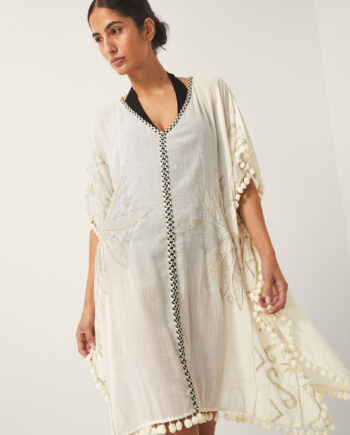 Penny Tassel Embroidered Kaftan Ivory