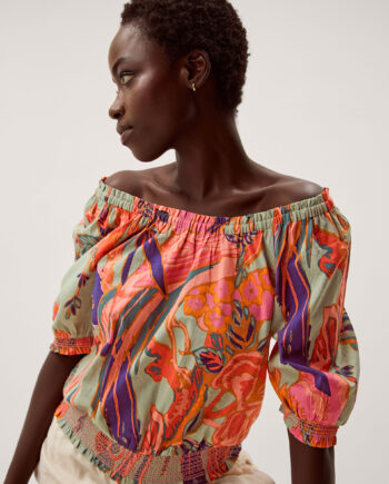 Carmen Bardot Floral Print Top Green