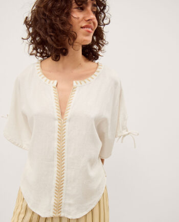 Adela Embroidered Linen Blend Top Ivory