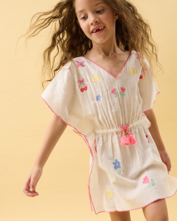 GIRLS CHERRY EMBROIDERED KAFTAN WHITE