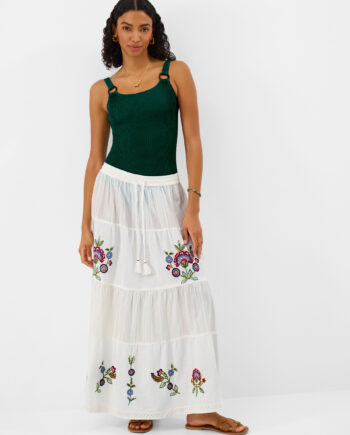 FLORAL EMBROIDERED TIERED MAXI SKIRT IVORY